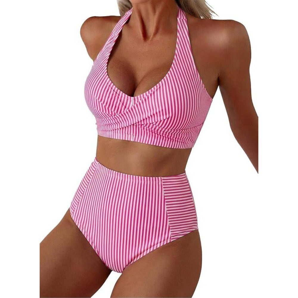 MSRP $25 Herseas Women's L High Waisted 2 Piece Halter Patch Pocket Stripe